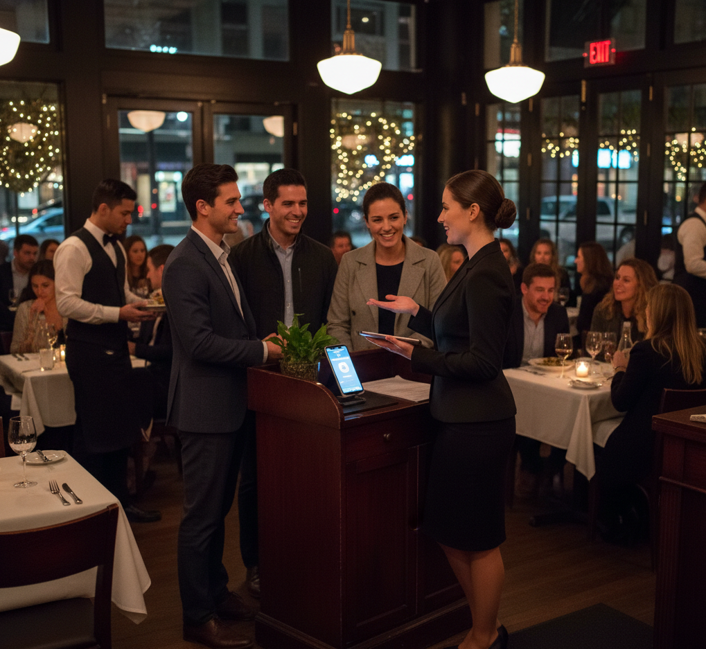 Restaurant host at the stand greeting guests during peak hours
